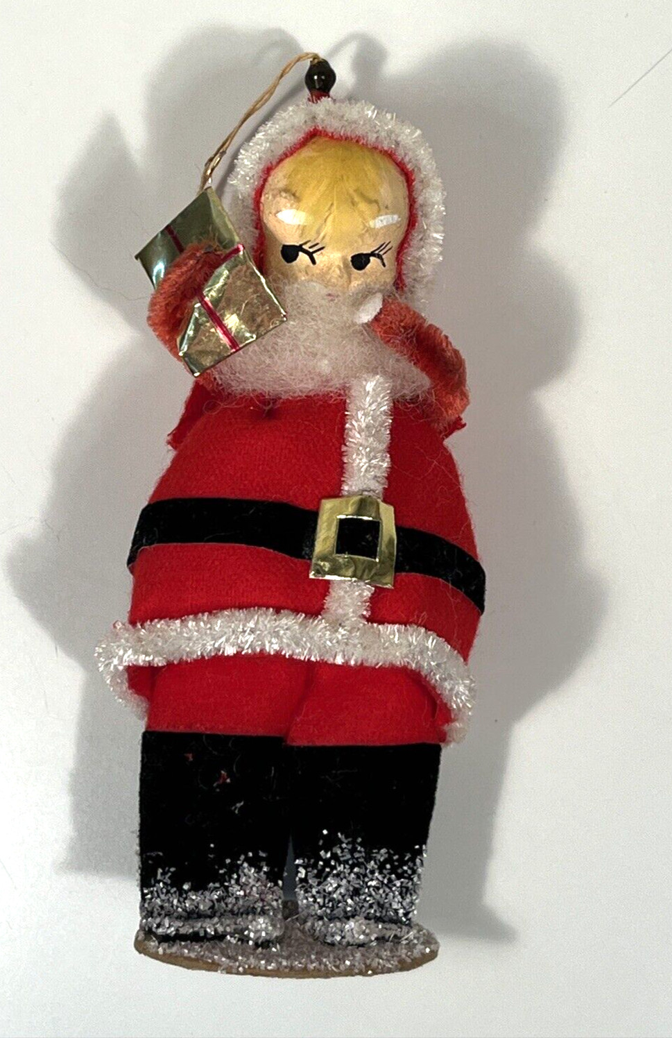 Vintage 1950s 1960s Santa Claus Paper Mache Face Felt Suit Christmas Ornament 5