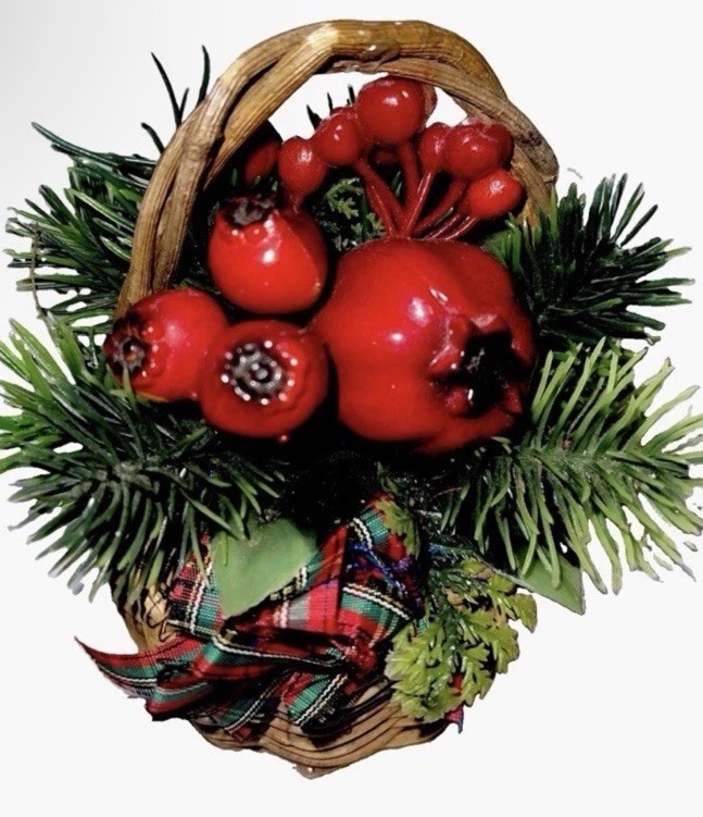 Holiday Christmas Basket Centerpiece Red Pomegranates & Berries Holiday Christmas Basket Centerpiece Red Pomegranates & Berries