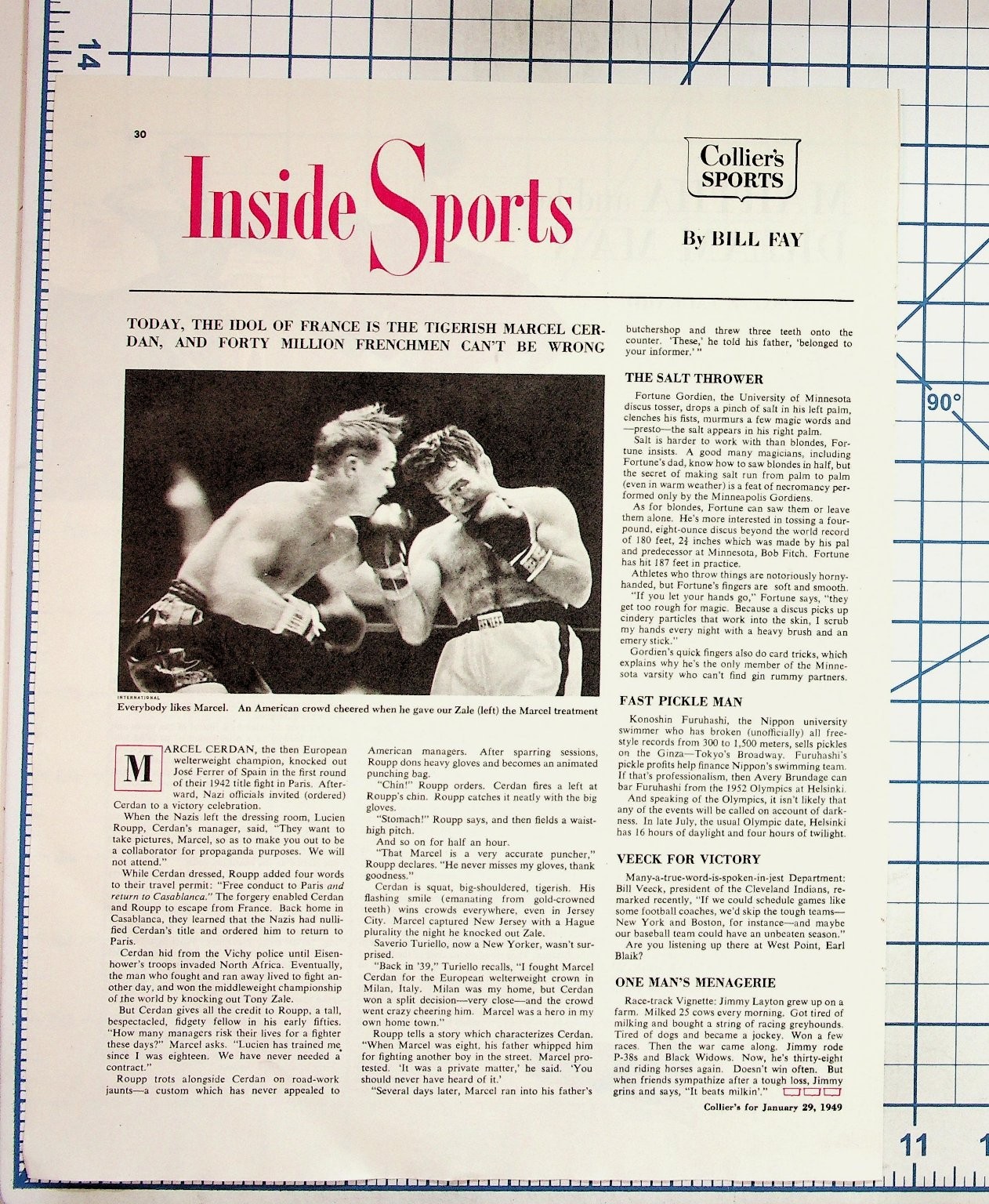 1949 Collier's Inside Sports Marcel Cerdan Boxer Bill Fay Magazine Article Page 1949 Collier's Inside Sports Marcel Cerdan Boxer Bill Fay Magazine Article Page