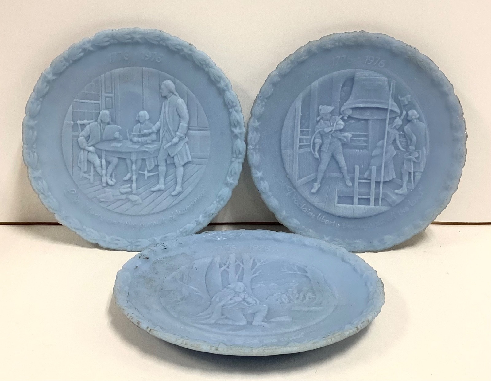 Lot of 3 Vintage FENTON Bicentennial Commemorative Powder Blue Milk Glass Plates Lot of 3 Vintage FENTON Bicentennial Commemorative Powder Blue Milk Glass Plates