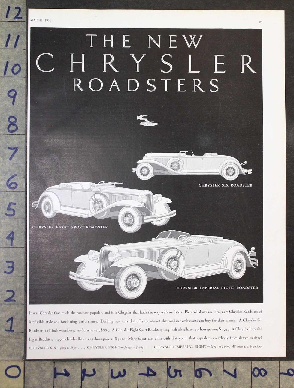 1931 CHRYSLER IMPERIAL EIGHT ROADSTER SPORT SIX CONVERT ART DECO AUTO AD FC14840