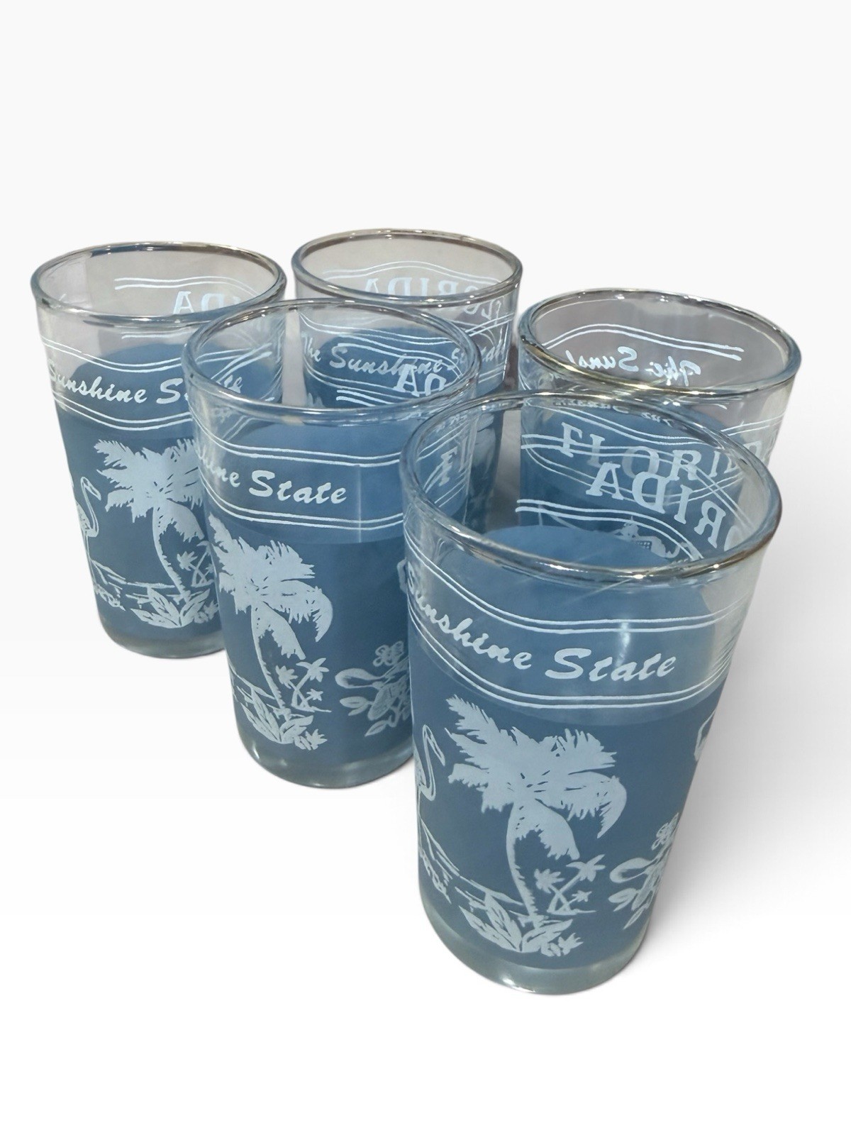 Vintage 4 In Shot Glasses Florida Sunshine State Gold Rimmed Souvenir Lot of 5