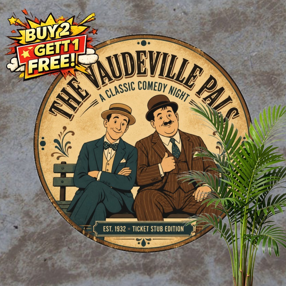 Classic Vintage Comedy Duo Plaque Round Metal Tin Sign Retro Cinema Decor