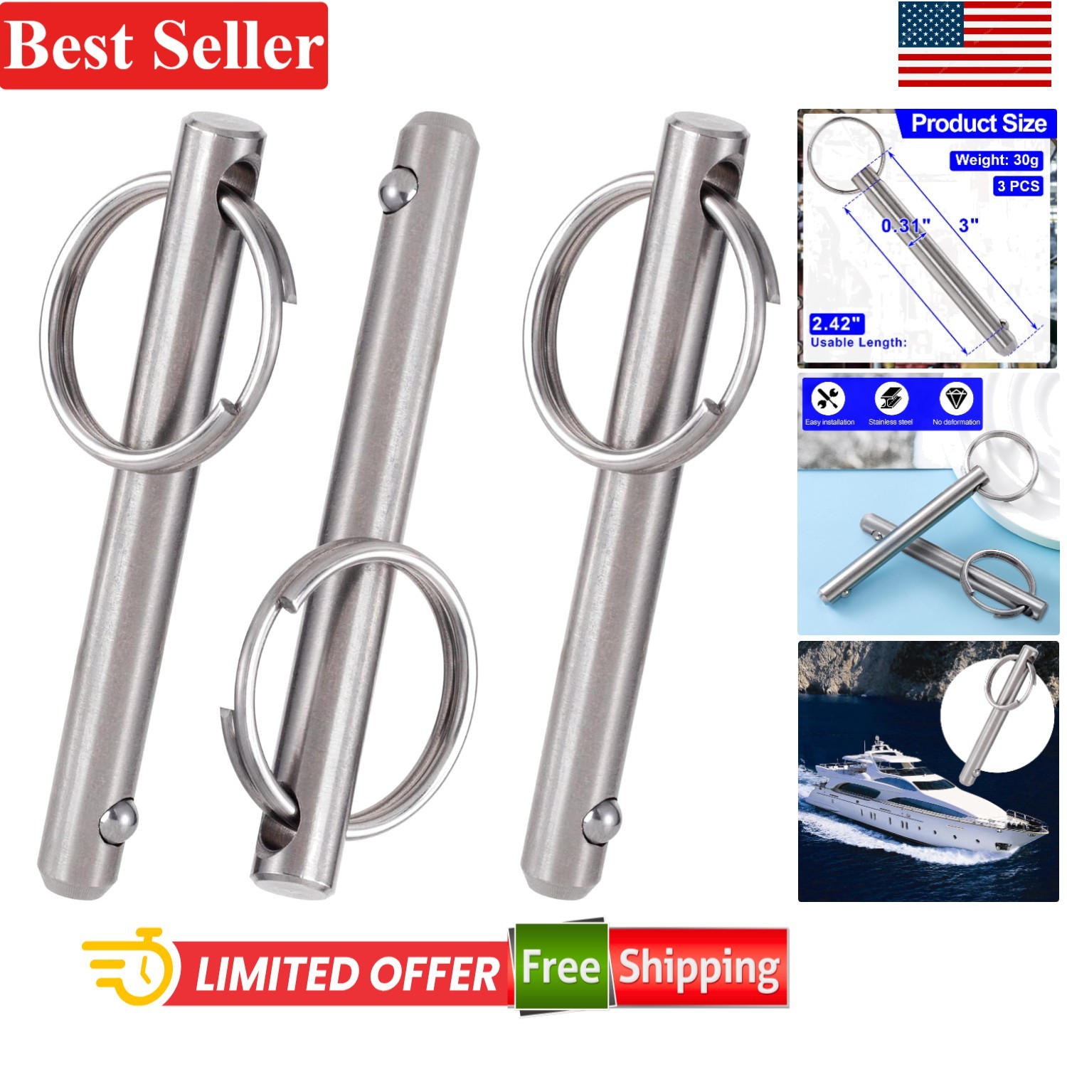 Quick Release Pins 3 Pack 5/16 inch Diameter Marine Stainless Steel for Bimin...