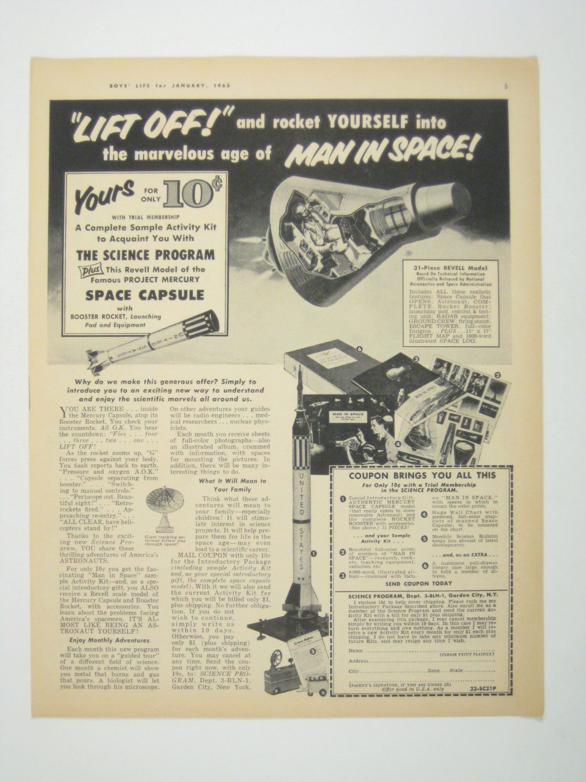 Revell Project Mercury Space Capsule Advertisement Print January 1963