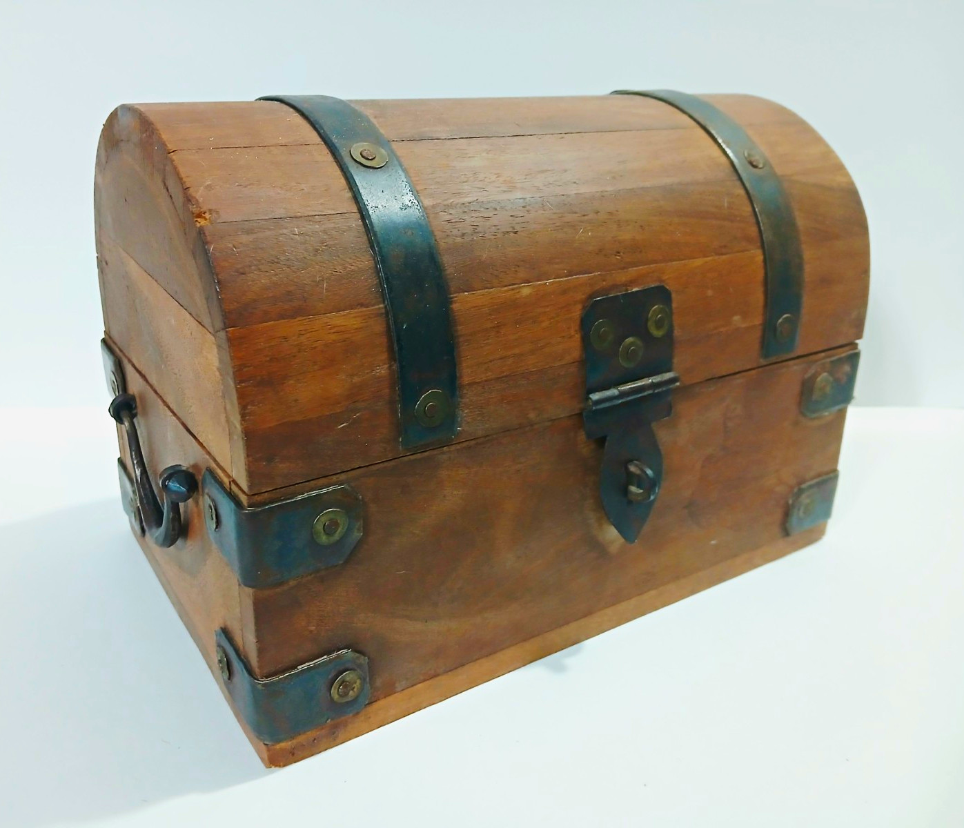 Weathered Wooden Treasure Chest with Rusted Metal Bands & Handles Weathered Wooden Treasure Chest with Rusted Metal Bands & Handles