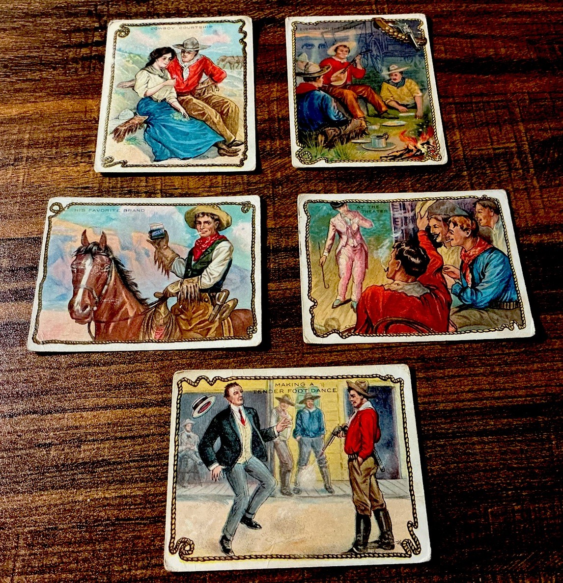 1909 T53 Hassan Tobacco Cards, COWBOY Series(5);Tenderfoot Dance,Courtship+++ Vg 1909 T53 Hassan Tobacco Cards, COWBOY Series(5);Tenderfoot Dance,Courtship+++ Vg