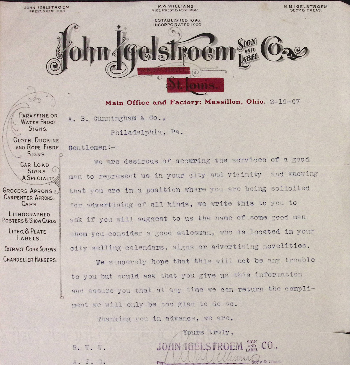1907 John Igelstroem Co Signs Posters Show Cards Labels Massillion OH Letterhead