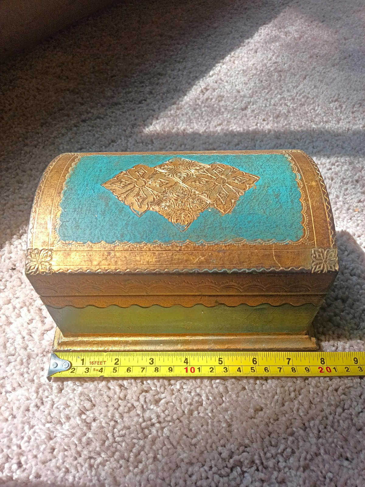 Vtg 1960s Italian Florentine Wood Jewelry Box Domed Chest Turquoise Gold MCM Reg Vtg 1960s Italian Florentine Wood Jewelry Box Domed Chest Turquoise Gold MCM Reg