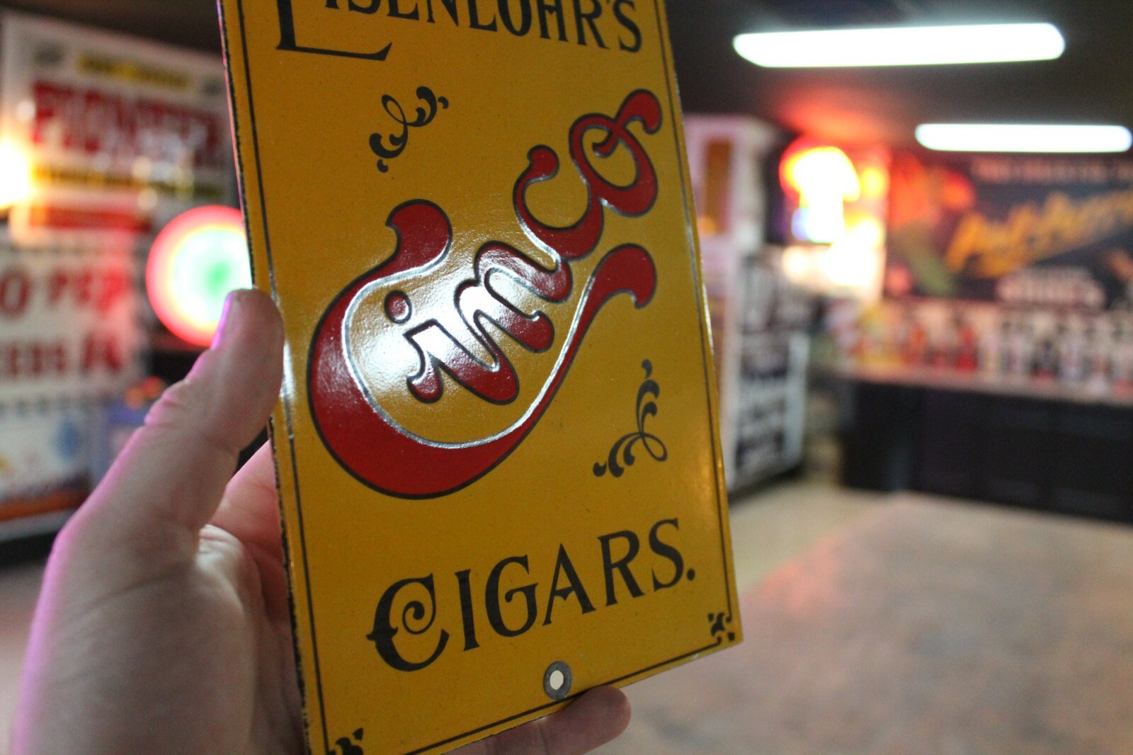 EISENLOHR\'S CINCO CIGAR TOBACCO GENERAL STORE DEALER PORCELAIN METAL SIGN GAS EISENLOHR\'S CINCO CIGAR TOBACCO GENERAL STORE DEALER PORCELAIN METAL SIGN GAS