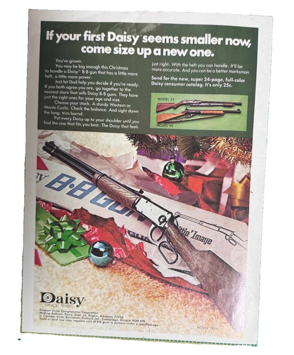 1975 Daisy Model 1894 25 99 Christmas BB Gun Rogers Arkansas Boys Life Print Ad