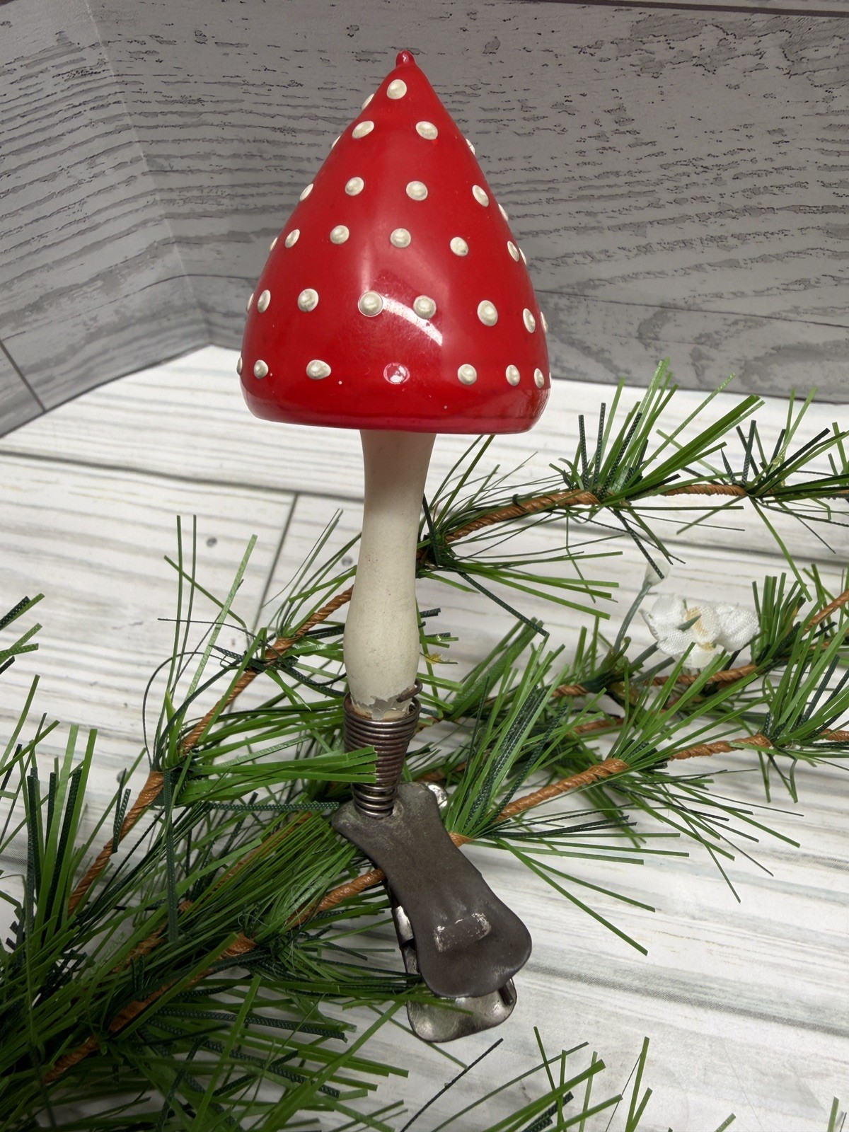 Glass Flame Mushroom, on Clip. 1920s German Ornament. Different with pointed Top Glass Flame Mushroom, on Clip. 1920s German Ornament. Different with pointed Top