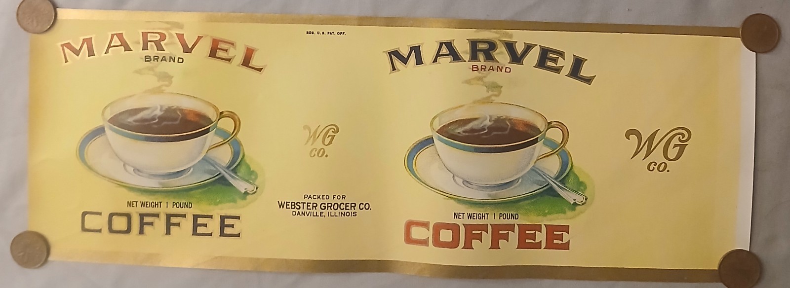 MARVEL BRAND COFFEE VINTAGE LABEL WEBSTER GROCERS DANVILLE, ILLINOIS 1920s