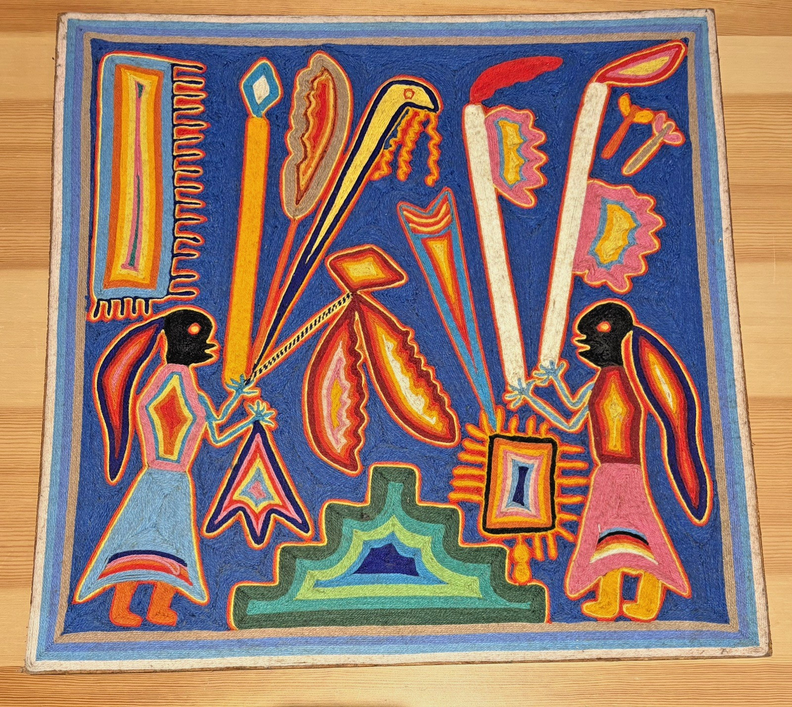 Vintage Huichol Yarn Painting Nierika 24x24 Wixarika Mexican Folk Art Inscribed