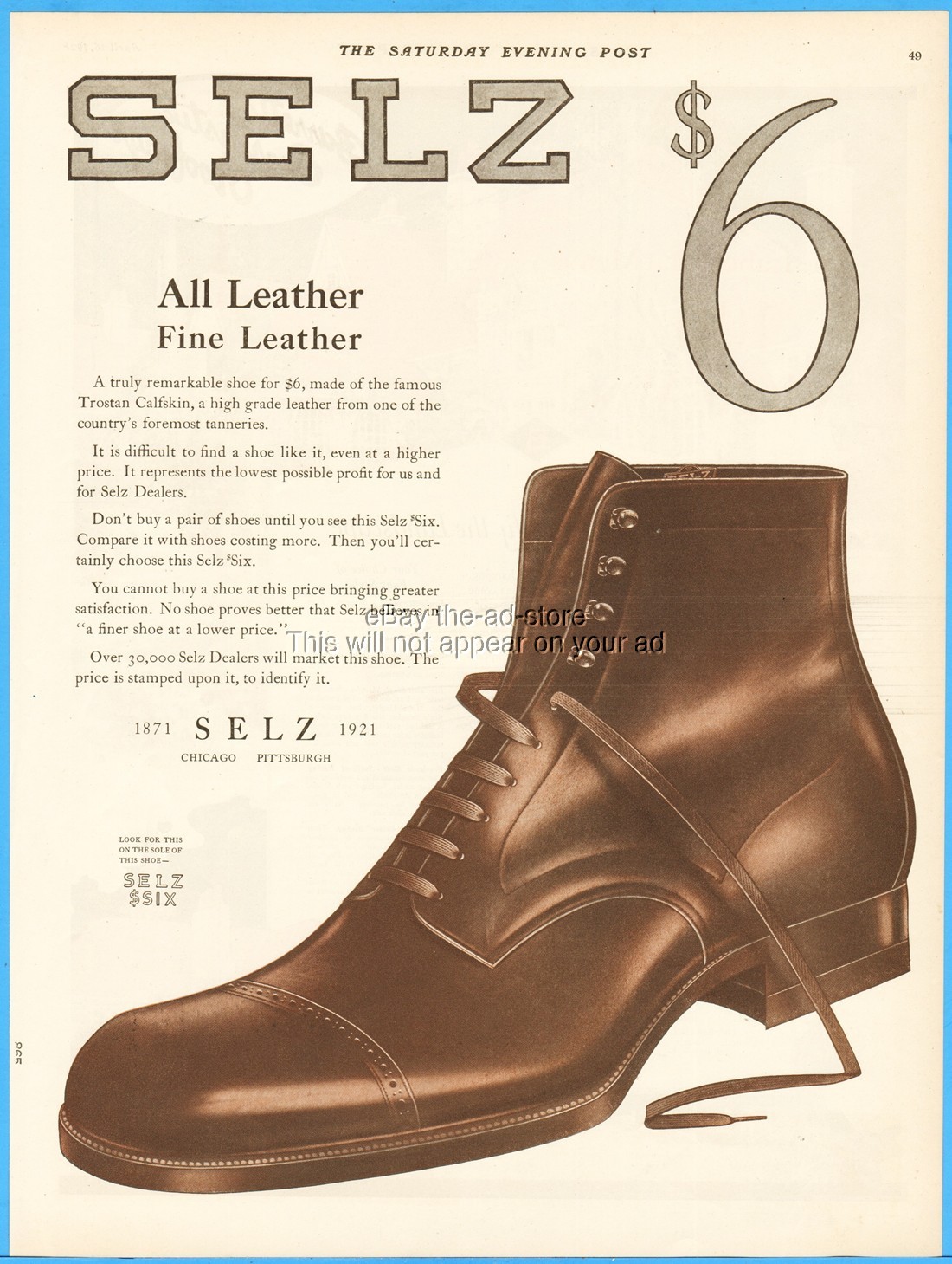 1921 Selz Trostan Calfskin Leather Shoes Chicago Pittsburgh PA Vintage 1920\'s Ad