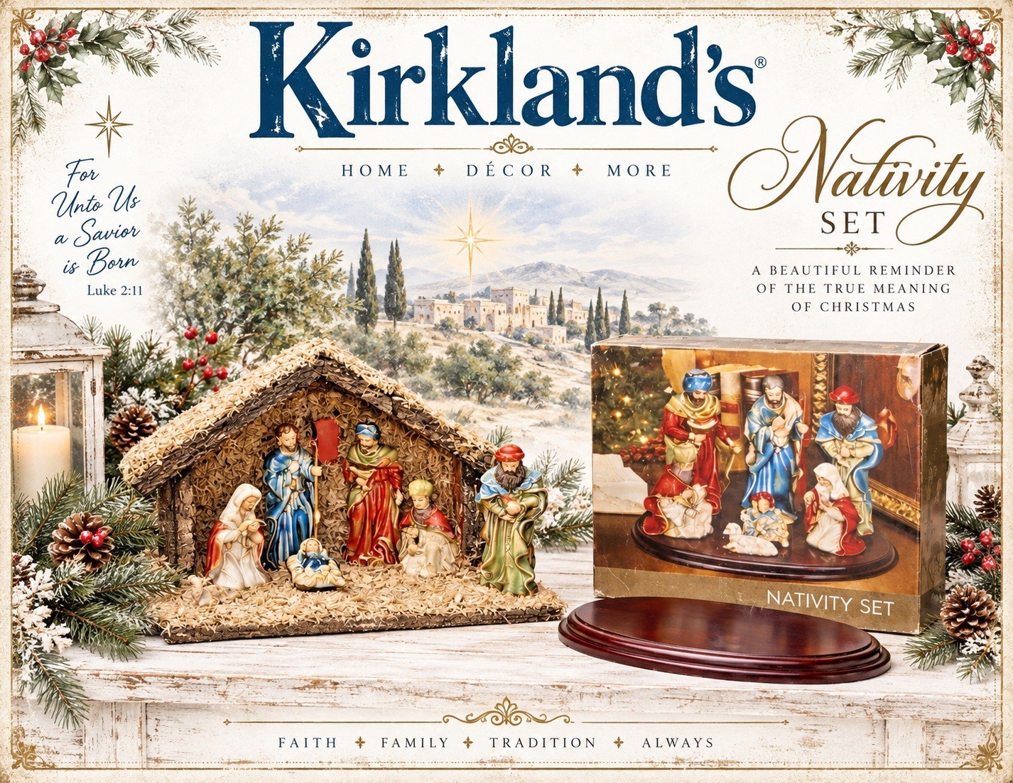 Vtg Kirklands (7) Piece Porcelain  Nativity Set W/Wooden Stable & Wooden Base