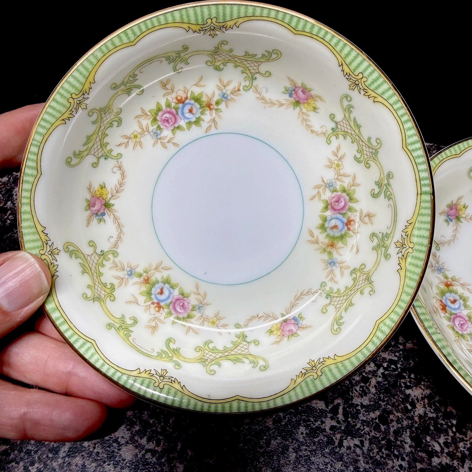 1930s Noritake Marlene Green Fruit Bowls Set of 2 Floral Gold  Vintage