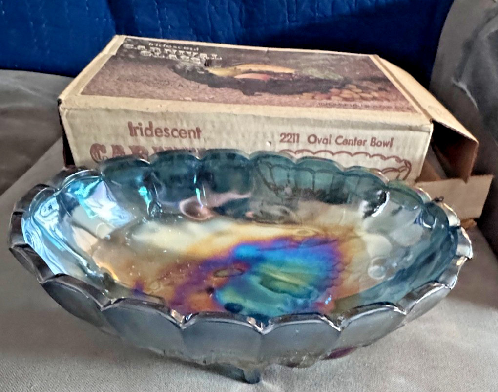Vintage Indiana Glass Blue Carnival Footed Iridescent 2211 Oval Center Bowl/ Box