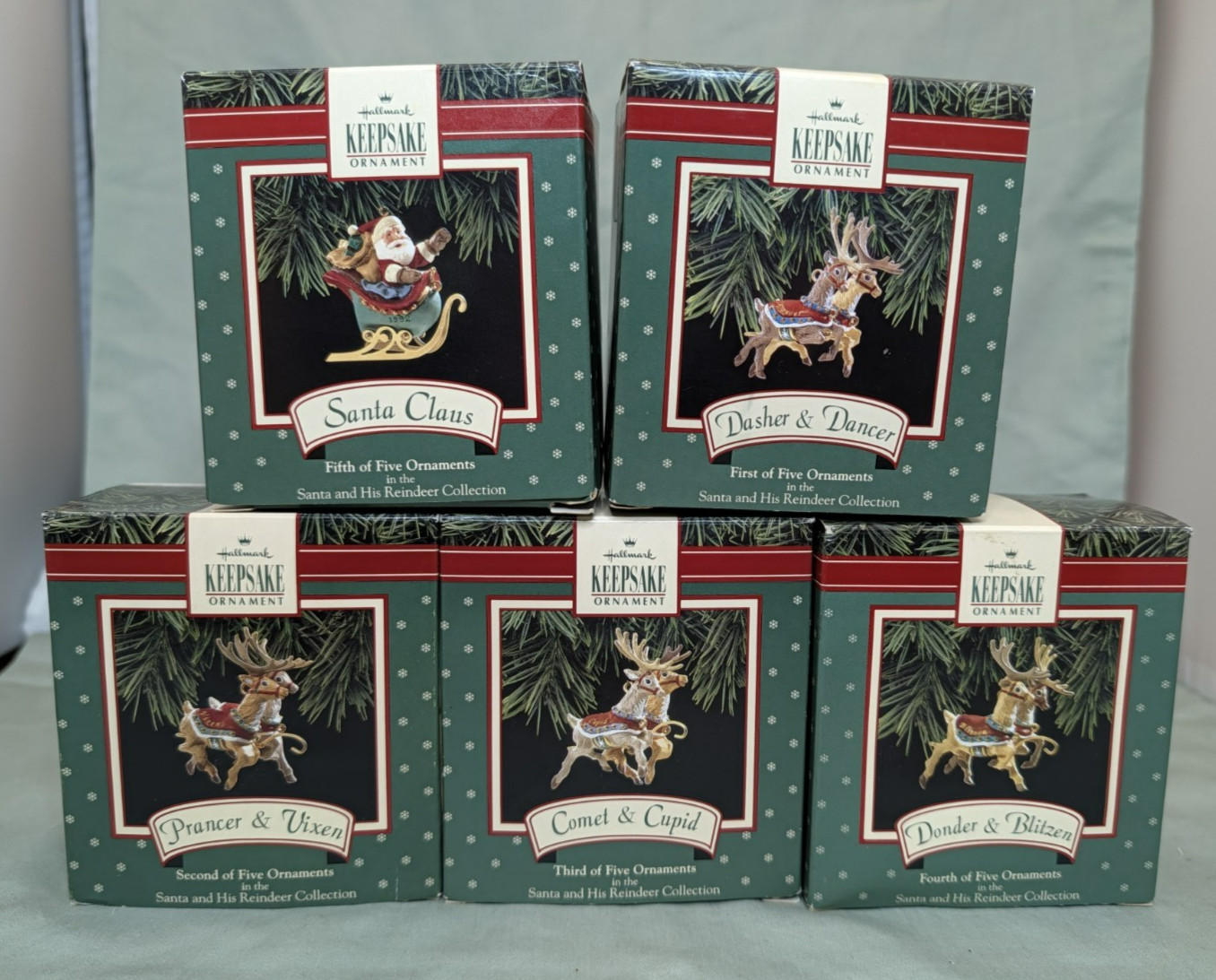 Vintage 1992 Hallmark Santa & His Reindeer 5-Piece Ornament Set w/ Boxes Vintage 1992 Hallmark Santa & His Reindeer 5-Piece Ornament Set w/ Boxes