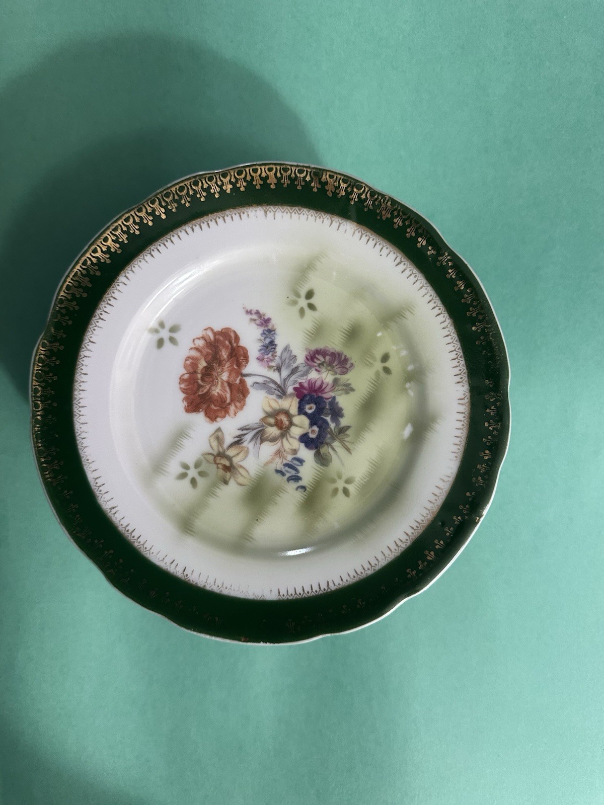 Vintage Dmitrov Porcelain Plates Verbilki RSFSR Green Gold Floral Set USSR