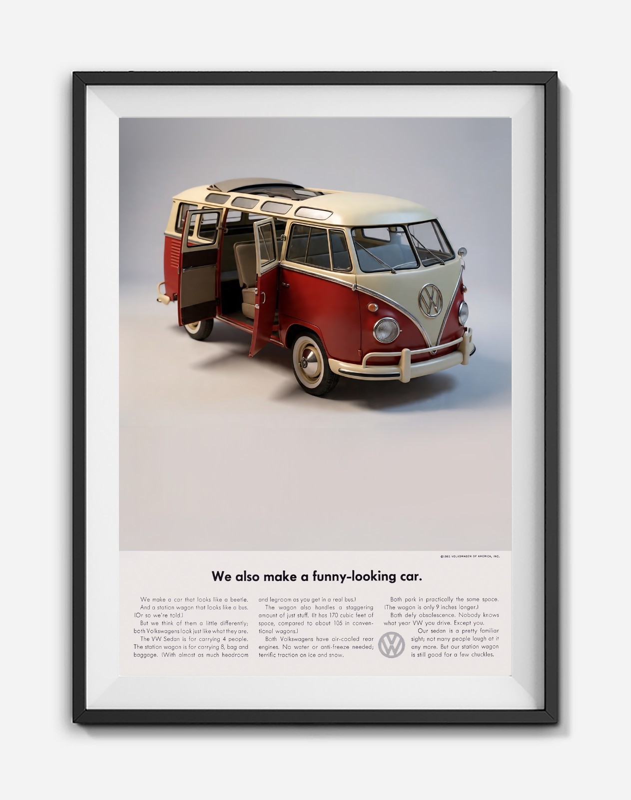 Vintage 1961 Microbus Poster 'Funny Looking Car' Volkswagen Ad Wall Art