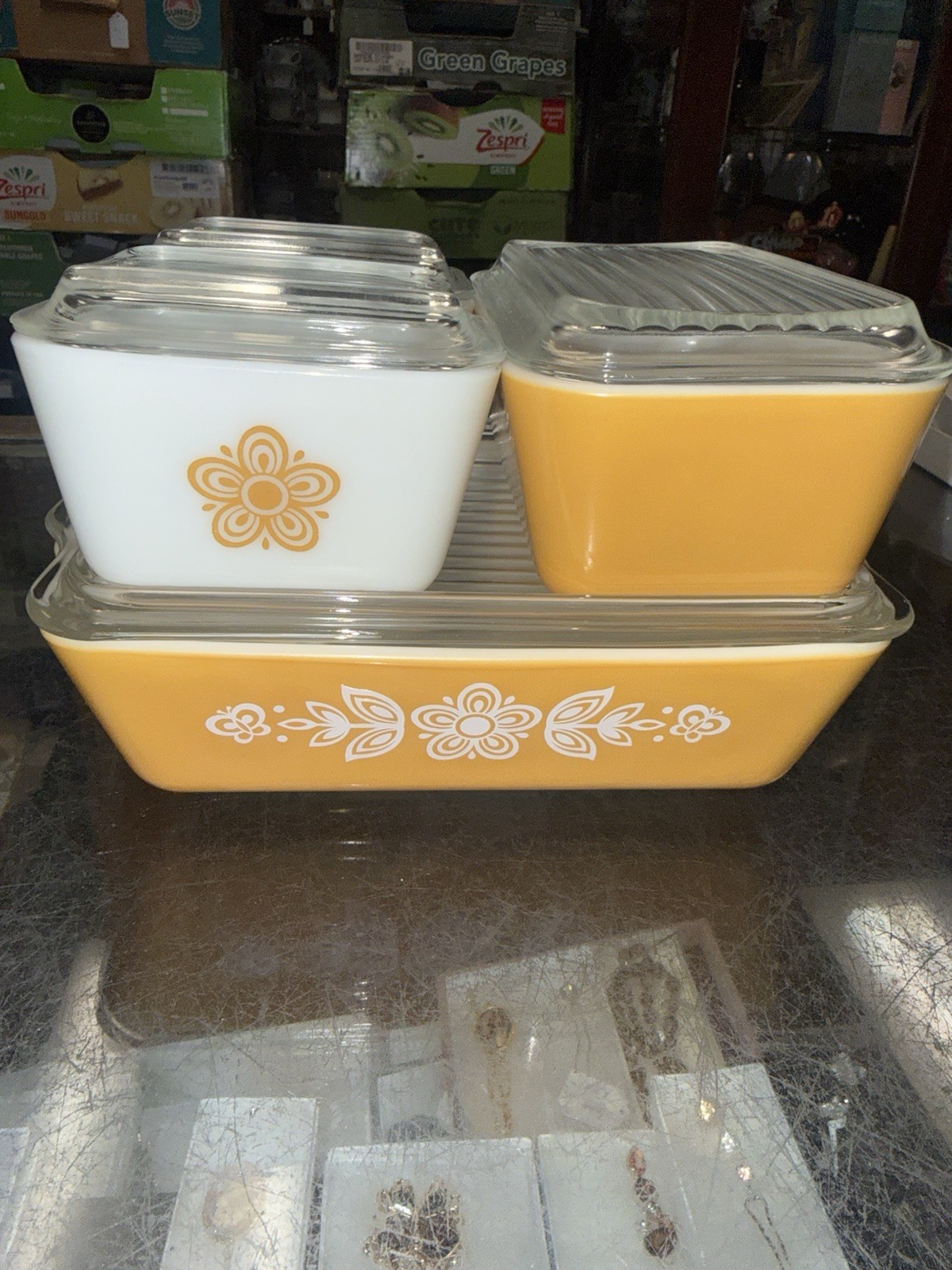VTG Pyrex Butterfly Gold Refrigerator Set 501 502 503 Dishes Ribbed Lids 8 Pc