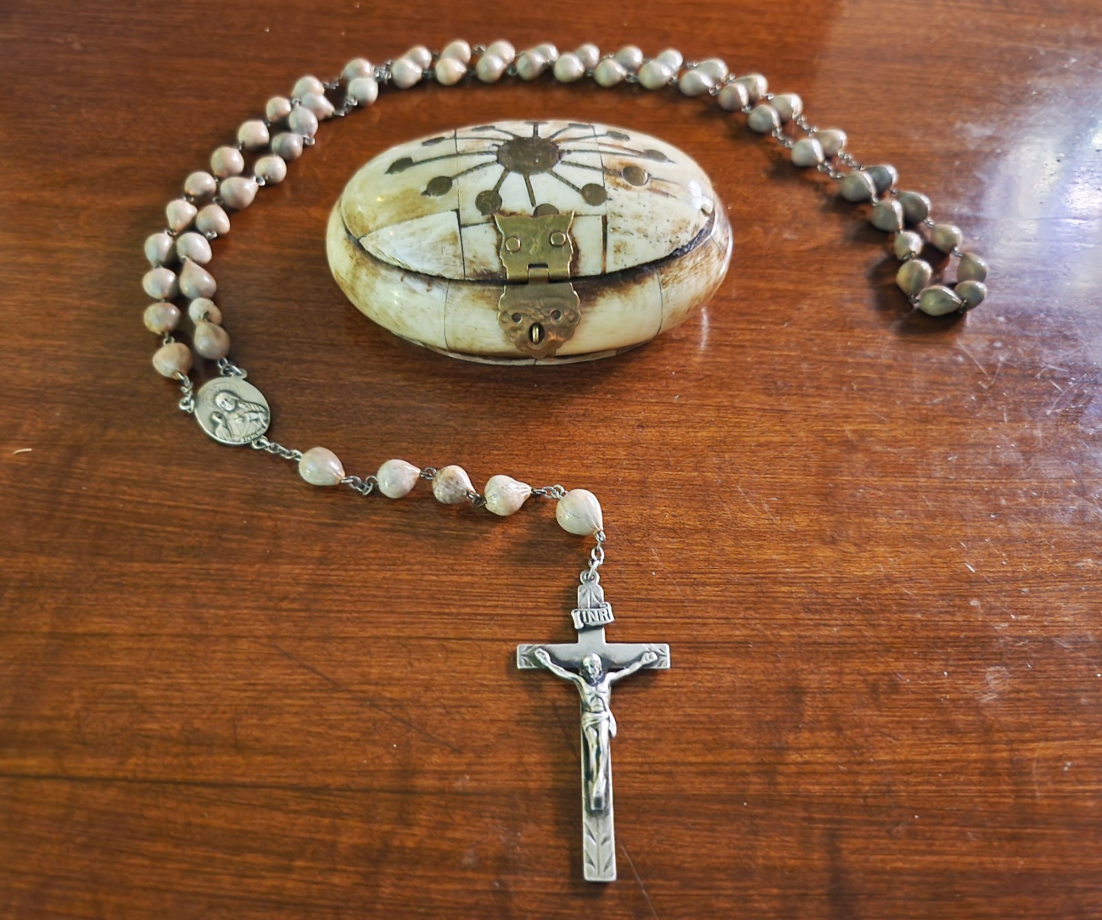 Vintage S&F Sterling Silver Job's Tears Rosary & Vtg Camel Bone Case Vintage S&F Sterling Silver Job's Tears Rosary & Vtg Camel Bone Case