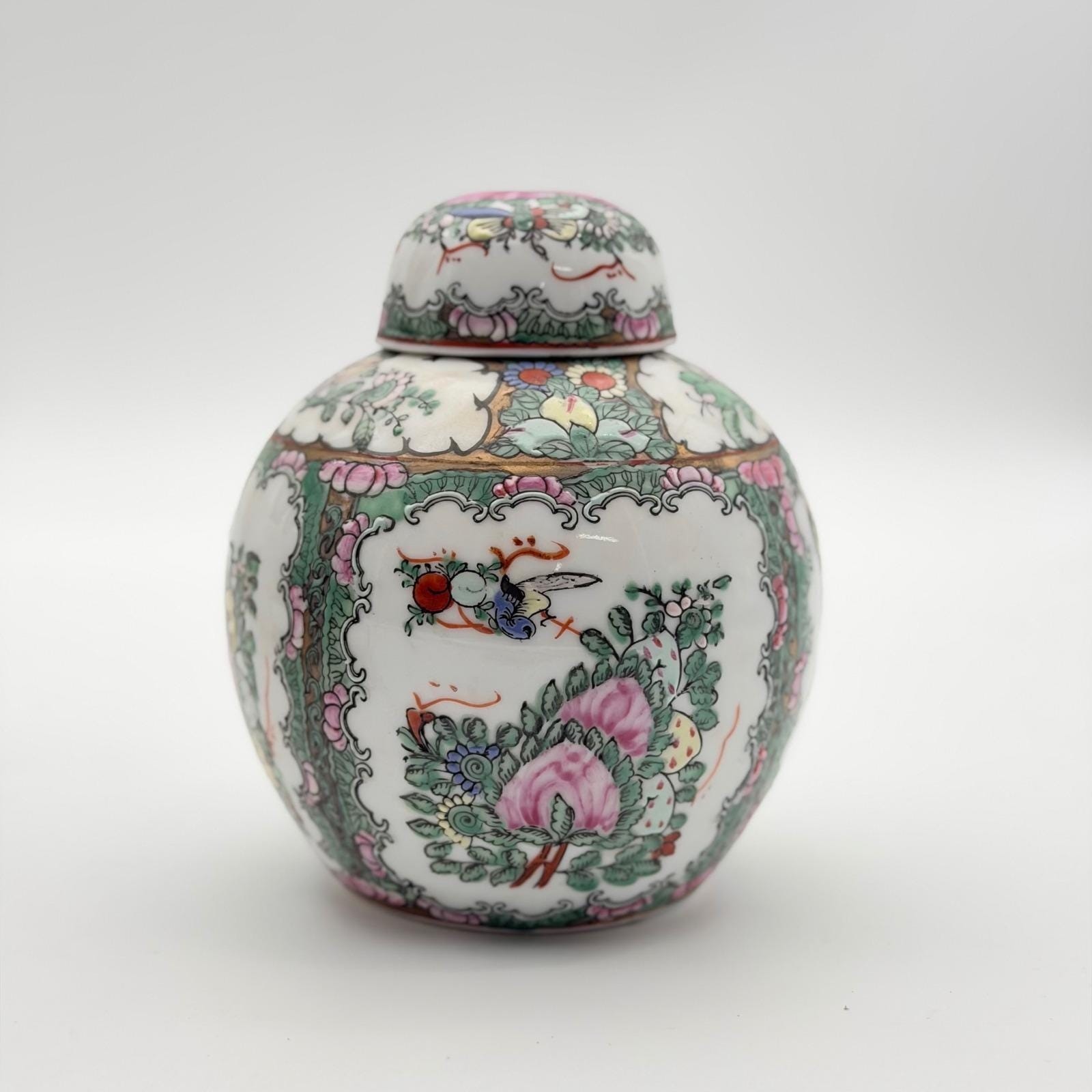 Vintage Andrea by Sadek Famille Rose Medallion Ginger Jar Porcelain Butterfly