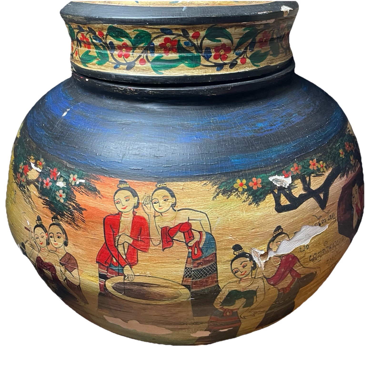 Large Vintage Burmese Hand-Painted Lacquerware Lidded Jar Urn Folk Art Scenes