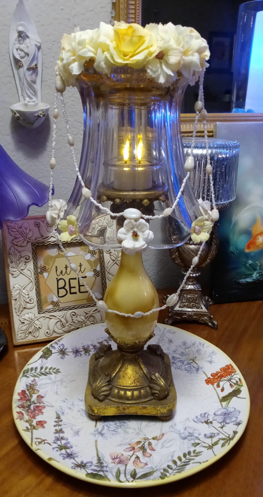 Illumin-Aries Fairy Lamp W/Ornate Candle Stick & Floral Hurricane Crystal Shade 