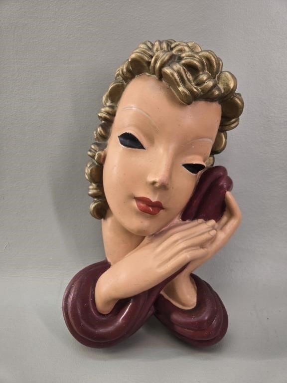 Vintage Art Deco Chalkware Lady Wall Mask Plaque Alexander Backer Style Vintage Art Deco Chalkware Lady Wall Mask Plaque Alexander Backer Style