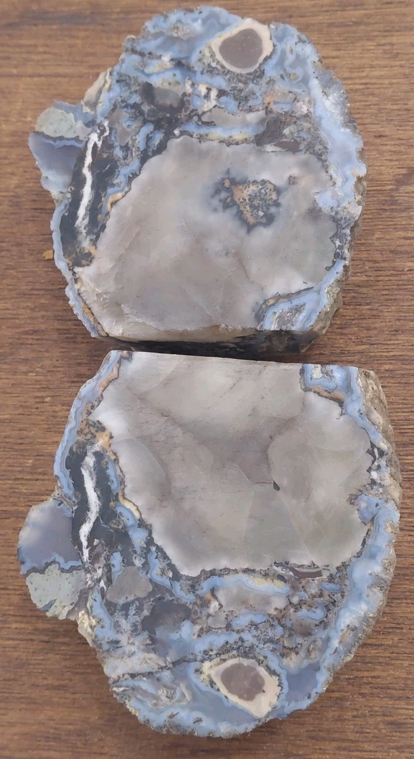 Condor Agate 3 Lb Bookend Nodule Specimen Bisected 2 Matching Sides Stands Blue