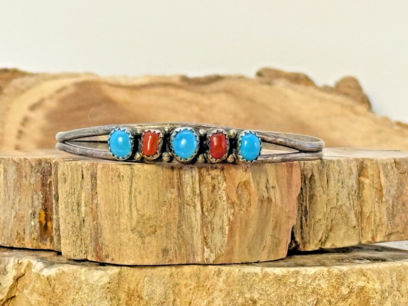 Vintage Native Navajo Sterling Silver Turquoise Coral Petite Bracelet--920.26 Vintage Native Navajo Sterling Silver Turquoise Coral Petite Bracelet--920.26