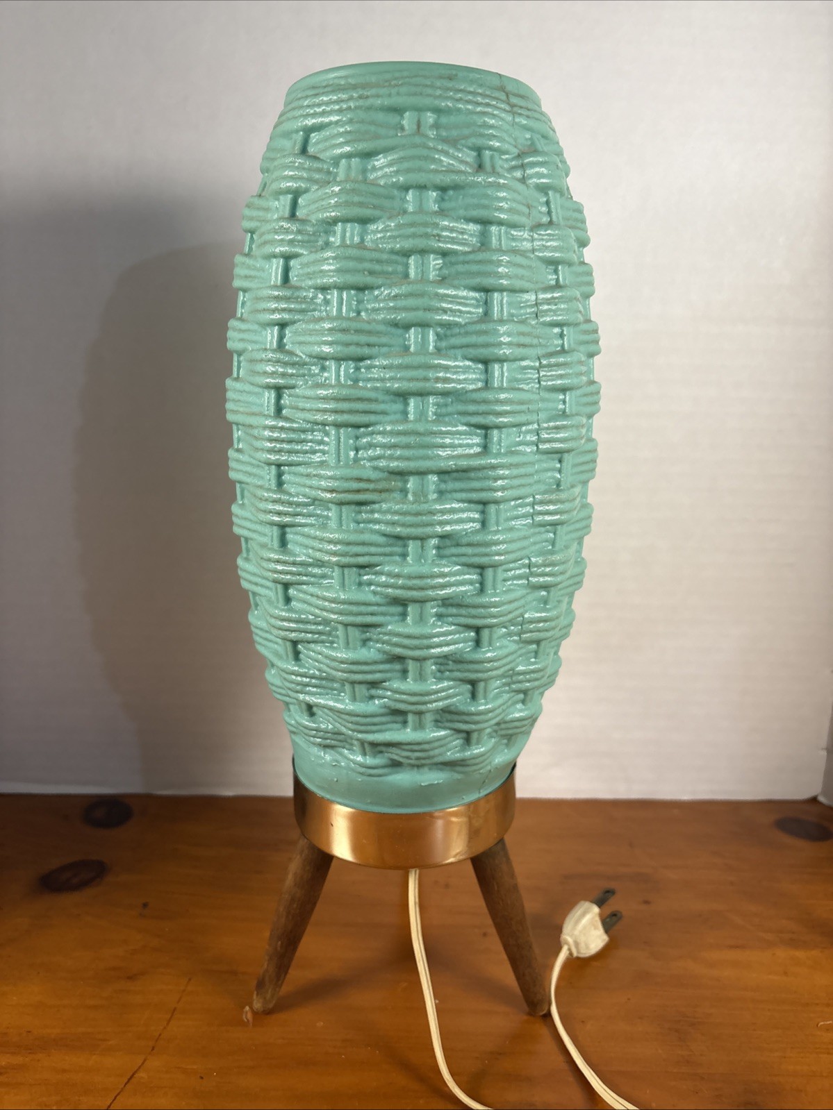 Vintage MCM Teal Basket Weave Beehive Rocket Lamp