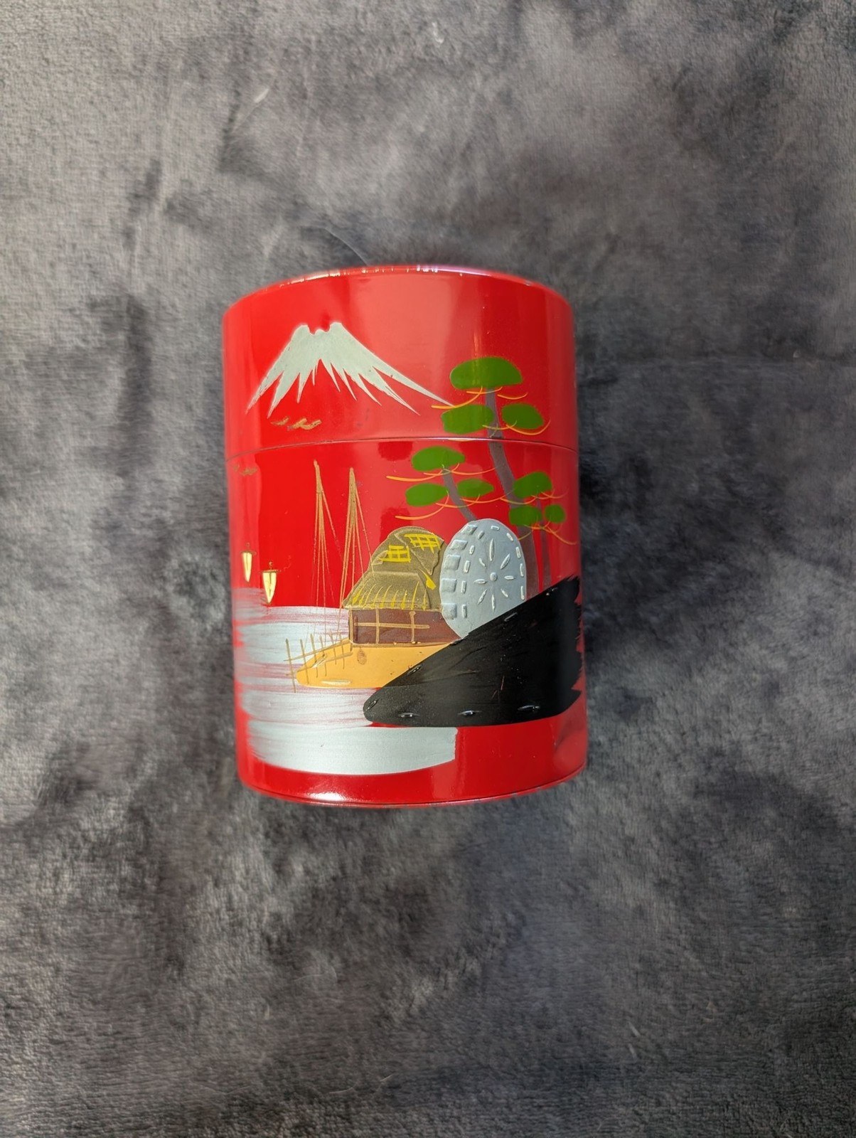 Vintage Japanese Red Lacquered Metal Hand Painted Mt. Fuji Tea Canister Vintage Japanese Red Lacquered Metal Hand Painted Mt. Fuji Tea Canister