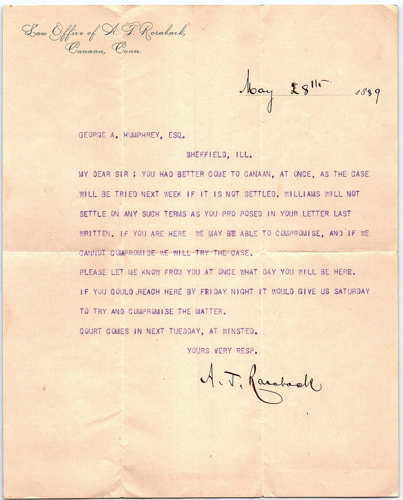 1889 A. T. Roraback Canaan, CT legal letter