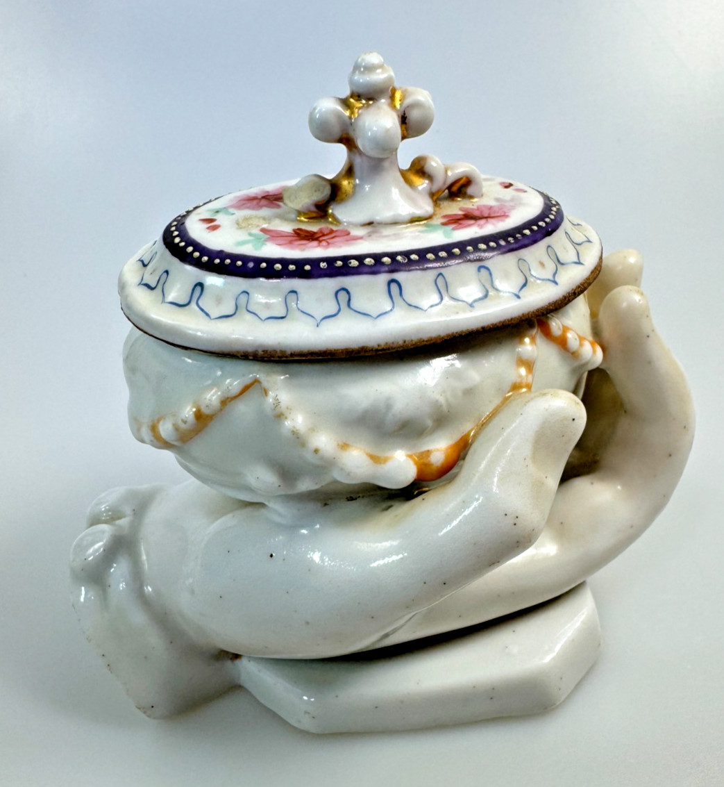 Antique Conta & Boehme Porcelain Fairing Box w/ Hand Holding Trinket Box Antique Conta & Boehme Porcelain Fairing Box w/ Hand Holding Trinket Box