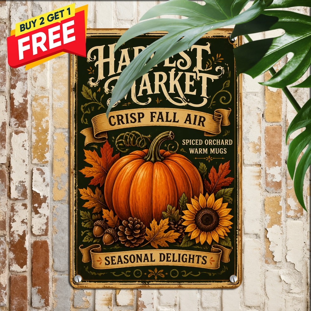 Autumn Harvest Pumpkin Sunflower Metal Tin Sign Vintage Wall Decor Plaque 8x12