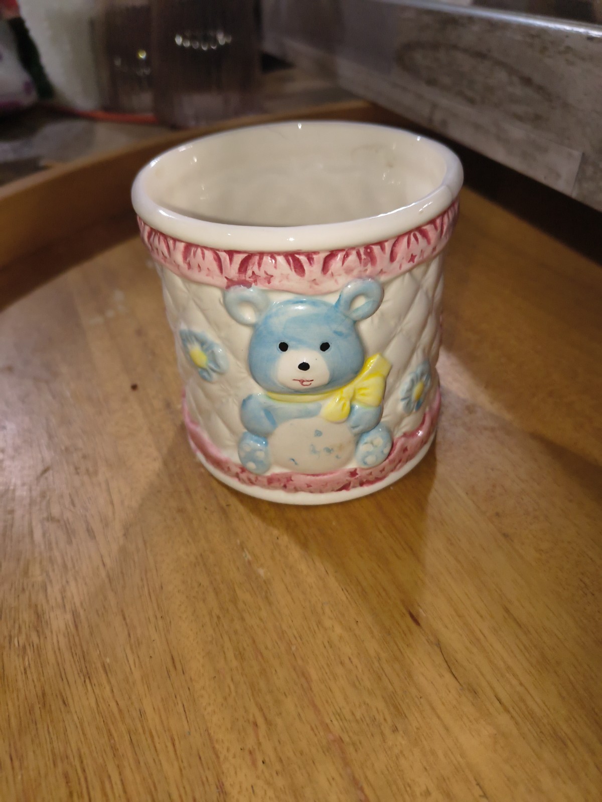 Vintage Ceramic Teddy Bear Planter Nursery Pastel Blue My Neil Nancy Pew Kitsch