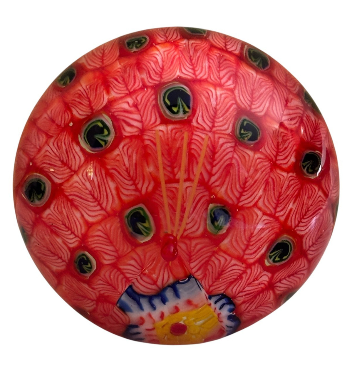 Art Glass Millefiori Peacock Paperweight Round Red, Blue, Yellow Art Glass Millefiori Peacock Paperweight Round Red, Blue, Yellow