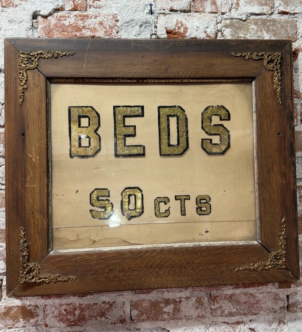 Vintage Early 1890s Sign Reverse Painted Glass Hotel Beds 50 Cents Gold Leaf Vintage Early 1890s Sign Reverse Painted Glass Hotel Beds 50 Cents Gold Leaf