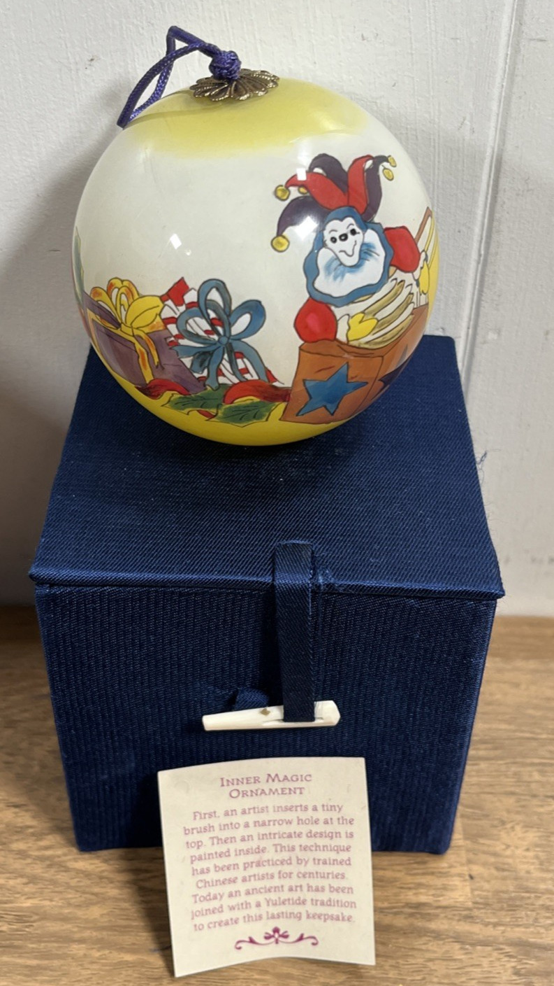 Vtg Global Village Glass Studios Handcrafted 3” Jester & Toys Art Glass Ornament