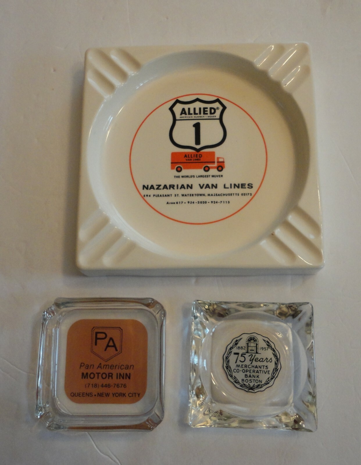 3 Vtg Advertising Ashtrays Ceramic Allied Van Lines Glass Bank Boston NYC Motor 3 Vtg Advertising Ashtrays Ceramic Allied Van Lines Glass Bank Boston NYC Motor