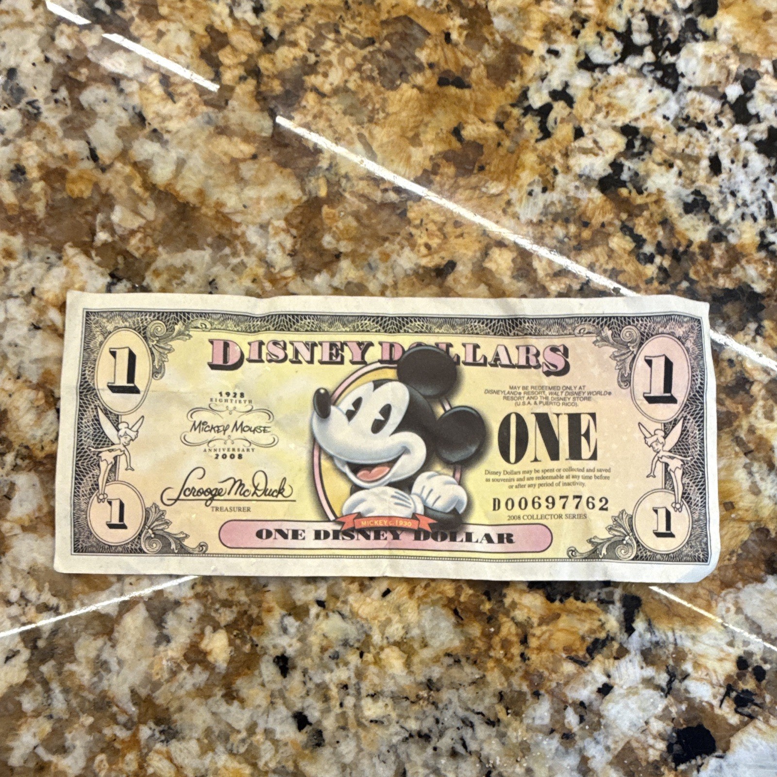 Disney $1 Disney Dollar Note Mickey Mouse 80th Anniversary 1928-2008 2008 Disney $1 Disney Dollar Note Mickey Mouse 80th Anniversary 1928-2008 2008