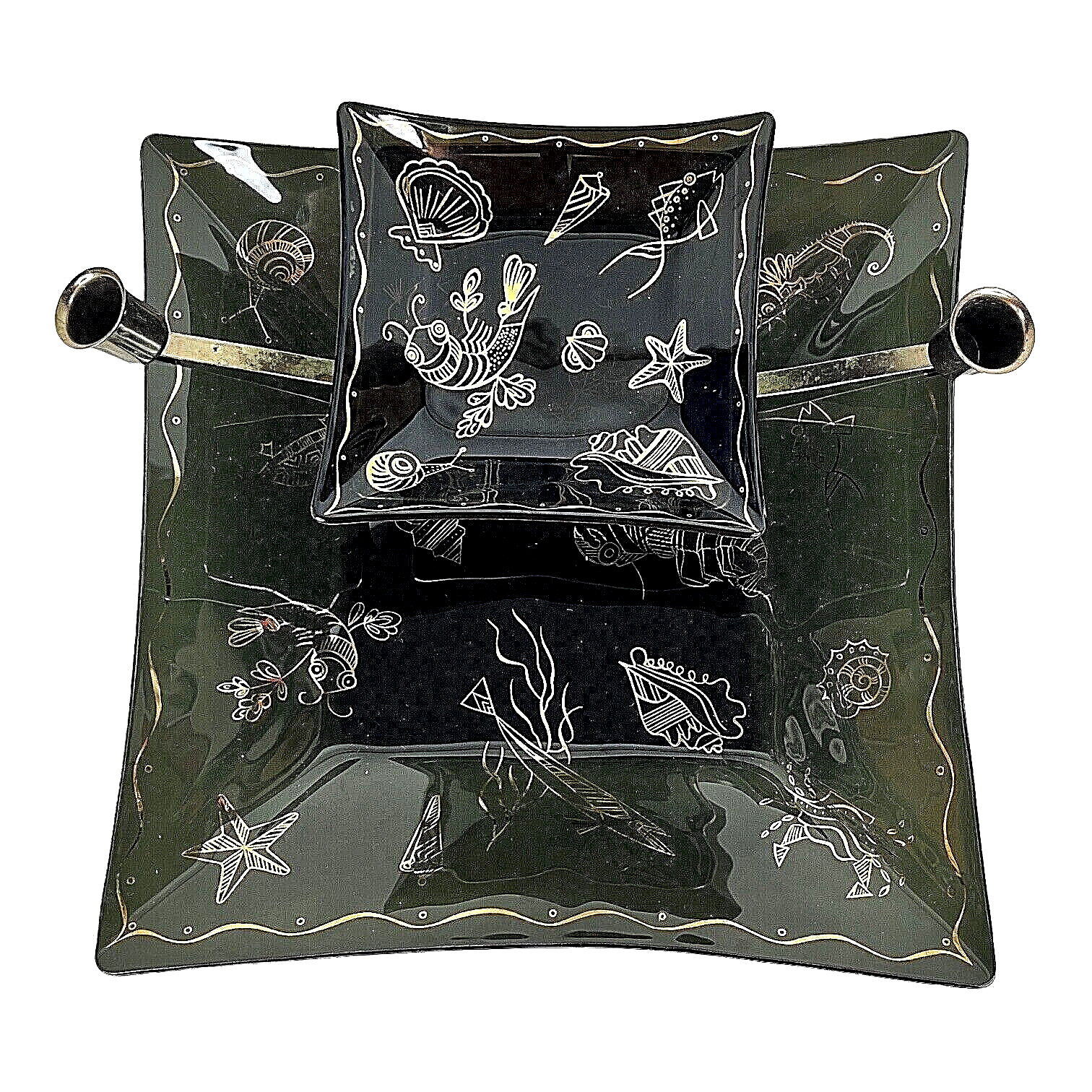 MCM 2 Tier Black Glass Tray Dish Gold Sea Creatures Candle Holder Chip Dip VTG