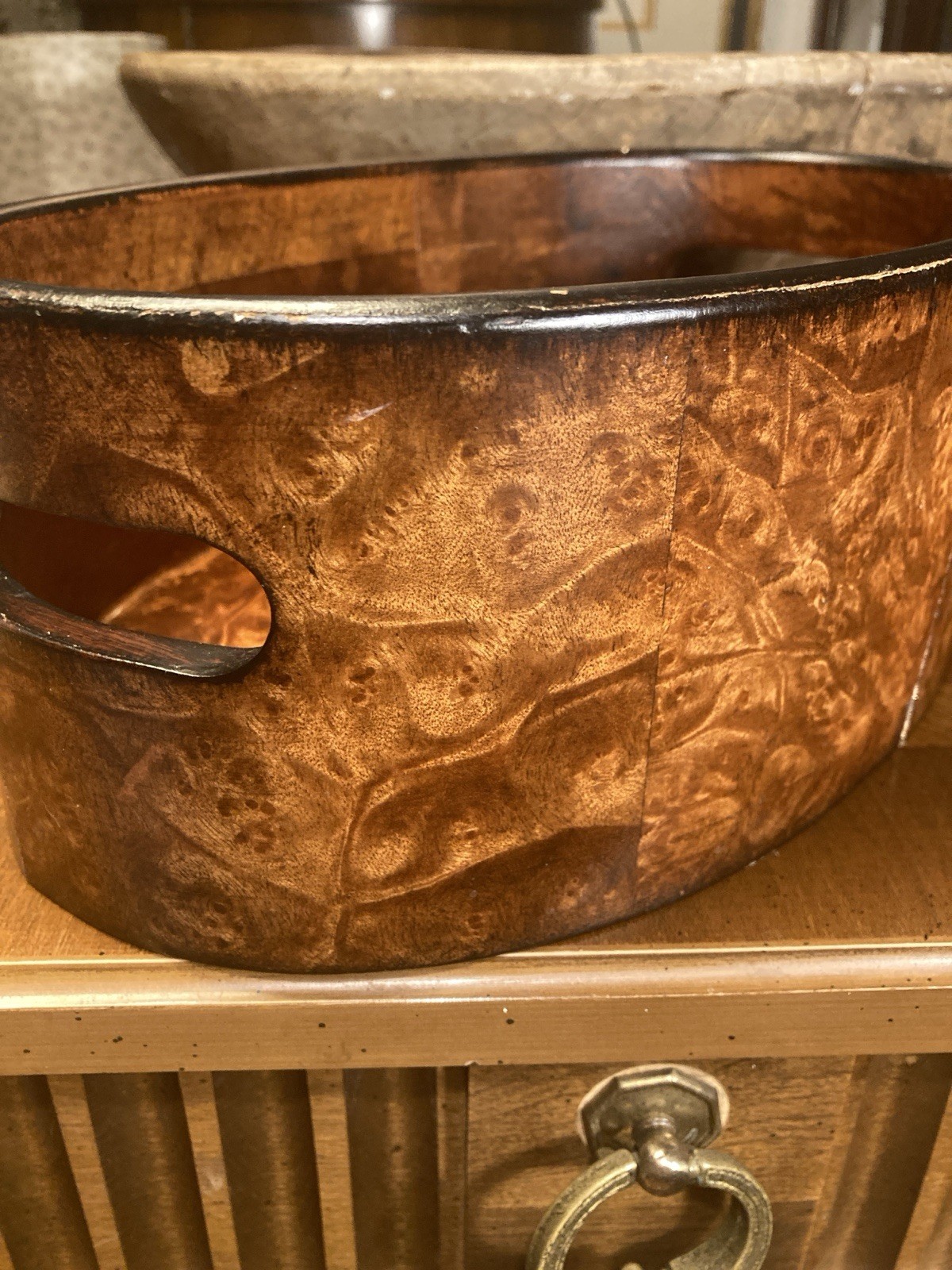 Rosewood or Walnut? RICH SWIRLING BURL WOOD- Bent Wood Oval Carrier-Finger Joint Rosewood or Walnut? RICH SWIRLING BURL WOOD- Bent Wood Oval Carrier-Finger Joint