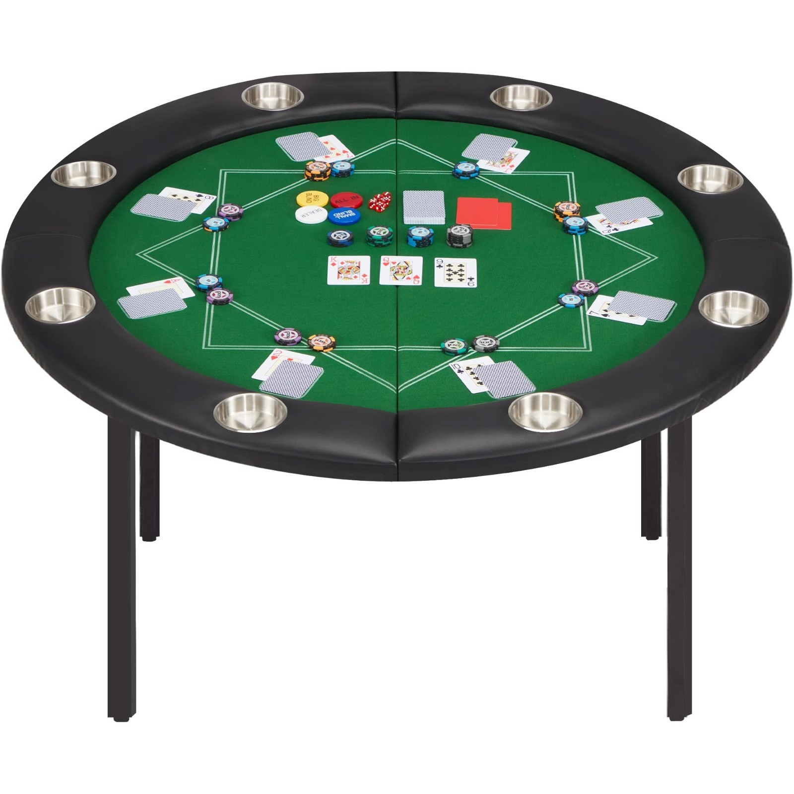 8 Player Folding Poker Table Set, Round Casino Game Table with Cup Holder, Green