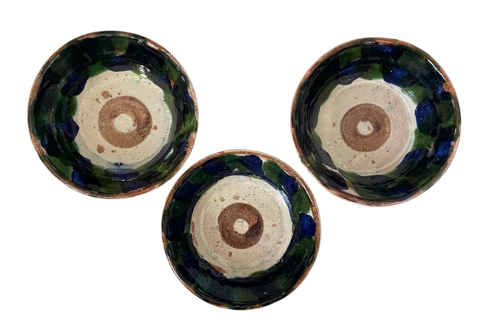 3 Rare Oaxacan Majolica Bowls 6” Red Ware Terracotta. Early 1900s.