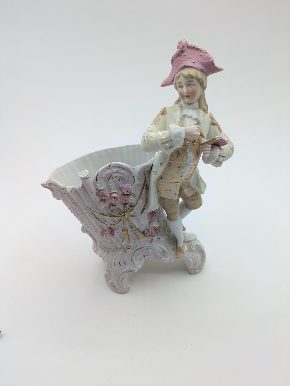 Antique Bisque Porcelain Pink Dapper Colonial Boy Vintage Vase Planter Antique Bisque Porcelain Pink Dapper Colonial Boy Vintage Vase Planter