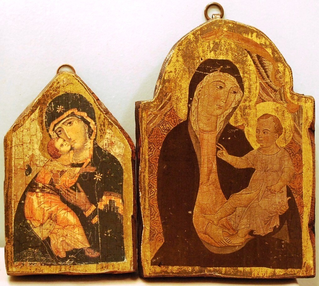 Antique Set 2 WOODEN RUSSIAN ICONS MADONNA/CHILD Gilt Wall Plaques 19th Century